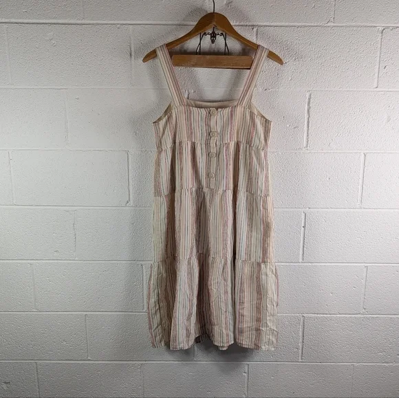 Madewell Dress Womens 4 White Ivory Rainbow Stripe Tiered Button Back Midi - Picture 1 of 7